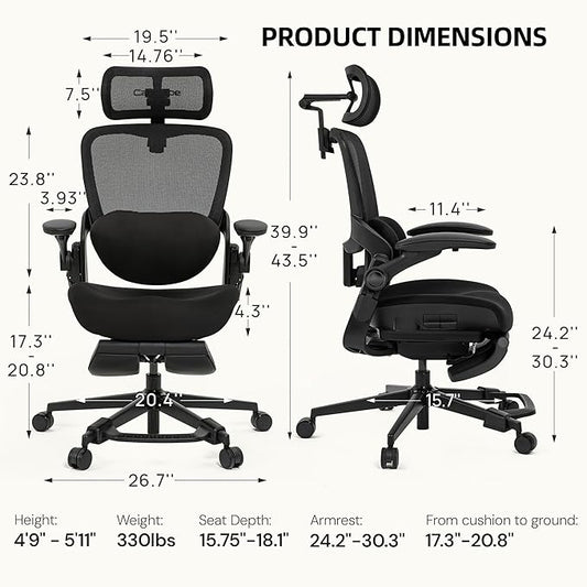CabLady S2 Petite Office Chair for Women & Small Frames | 330lb Capacity, 4D Adjustable Lumbar/ Headrest, Flip-Up Arms & Footrest, Ergonomic Desk Chair