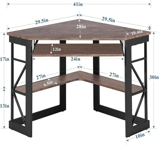 VECELO Corner Desk Computer Desk Writing Table with Smooth Keyboard Tray & Storage Shelves,Compact Home Office Triangle Table,Rustic Brown