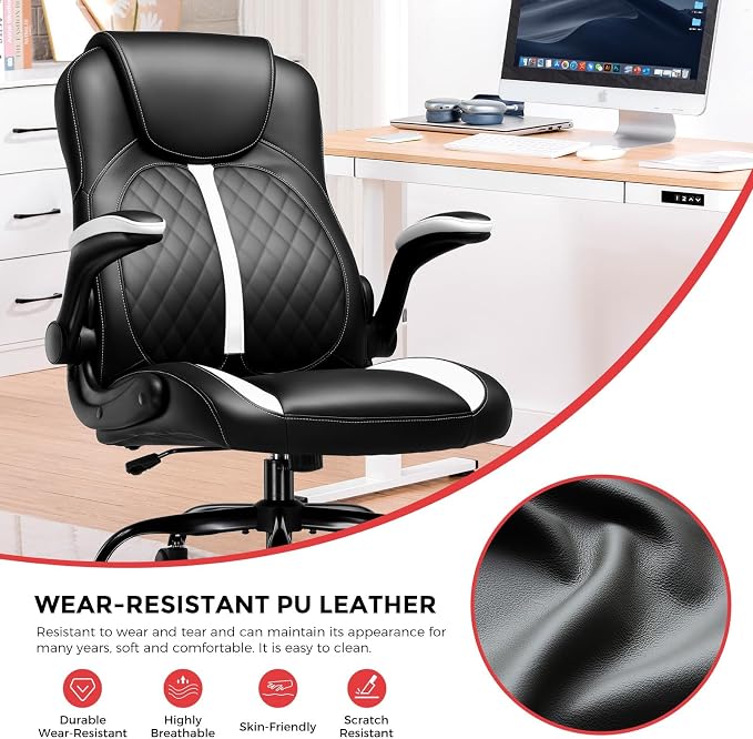 COMHOMA Office Computer Gaming Chair Ergonomic Desk Chair for Adults with Lumbar Support Flip-Up Arms Adjustable Height Swivel Wheels PU Leather Executive Design for Short People Use, White