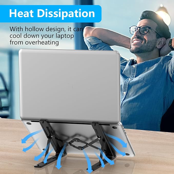 Adjustable Laptop Stand, Portable Laptop Riser for Desk, ABS+Silicone Foldable Ventilated Cooling Notebook Holder Stand for 10-15.6” Laptops, Tablets