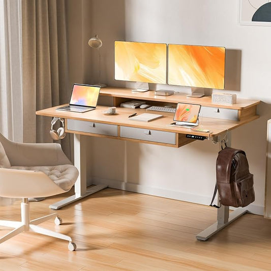 55 * 30 Inches Electric Standing Desk Adjustable Height with 4 Drawers, Double Storage Shelves Stand Up Desk, Home Office Workstation Sit Stand Desk (Nature)