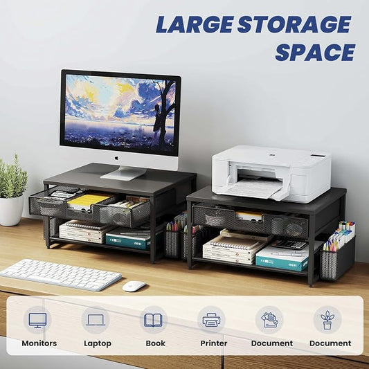 Metal Desktop Printer Stand with Storage Drawer & 2 Pen Holders,2 Tier Home Printer Riser Shelf for Desk with Paper Holder Storage,Multi-Purpose Office Desk Organizer