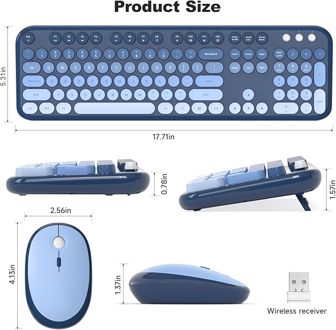 Atelus Wireless Keyboard and Mouse Combo, Typewriter Full Size Keyboard with Number Pad, Ergonomic Design for Windows PC Computer Laptop Desktop, Home and Office Use -Blue