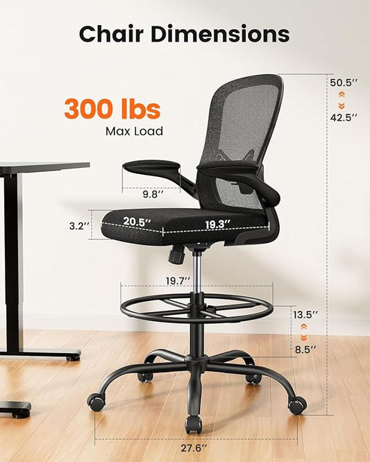 ErGear Drafting Chair, Standing Desk Chair with Flip-Up Armrests, High Desk Chair Adjustable Height, Ergonomic Tall Office Chair with Lumbar Support and Adjustable Footrest Ring,8 Pack