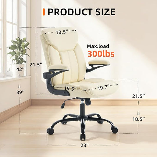 Home Office Ergonomic Desk Chair - Comfy Leather Executive Chair with Flip-Up Armrests, Height Adjustable Computer Chair for Gaming, 360° Swivel & Rocking (Beige)