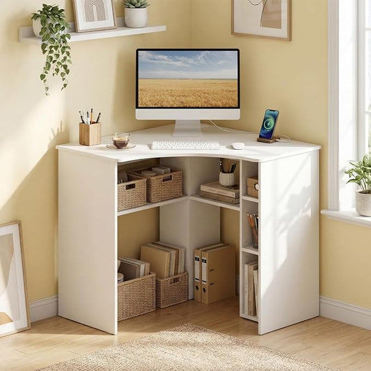 Tangkula White Corner Desk with Charging Station, 90-Degree Triangle Computer Desk with Ergonomic Curved Edge & Open Storage Shelves, Writing Study Desk for Small Spaces Home Office