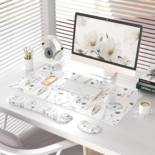 QIYI Leather Desk Mat Set, 4-in-1 Large Mouse Pad with Ergonomic Wrist Rest, Waterproof Desk Pad + Keyboard Wrist Rest + Mouse Wrist Support + Coaster, Non-Slip Office Gaming Accessories, Wildflowers