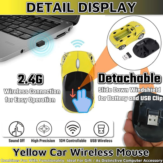 HuGuWdy Yellow Cute Wireless Mouse,2.4G with USB Reciver 1600DPI Car Mouse for Computer Wireless for Laptop Computer Tablet for Windows for Mac OS for Christmas(Yellow)