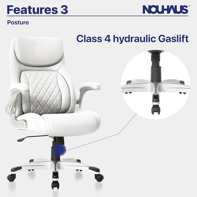 Nouhaus +Posture Ergonomic PU Leather Office Chair. Click5 Lumbar Support with FlipAdjust Armrests. Modern Executive Chair and Computer Desk Chair (White)