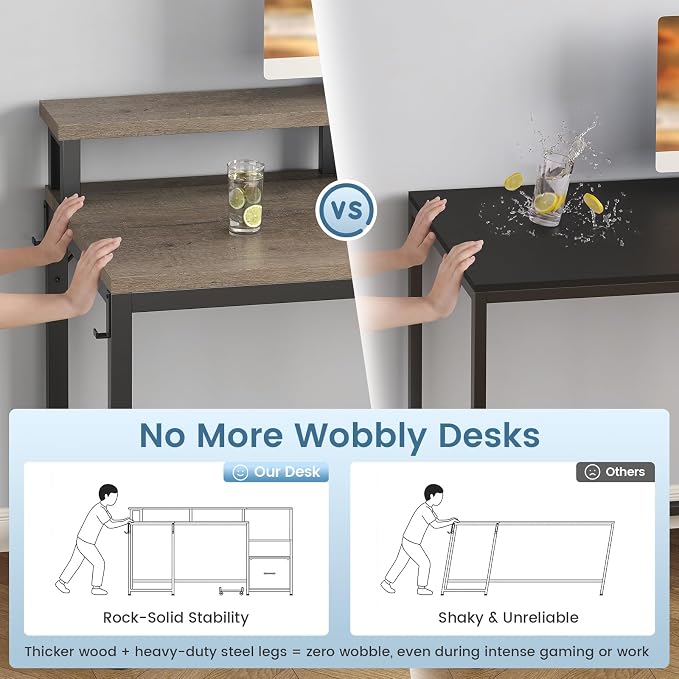 SEDETA 66" L Shaped Desk with Power Outlet, Reversible Home Office Computer Desk with File Drawer & Monitor Shelf, Storage Shelves, LED Lights for Corner Small Spaces, Walnut