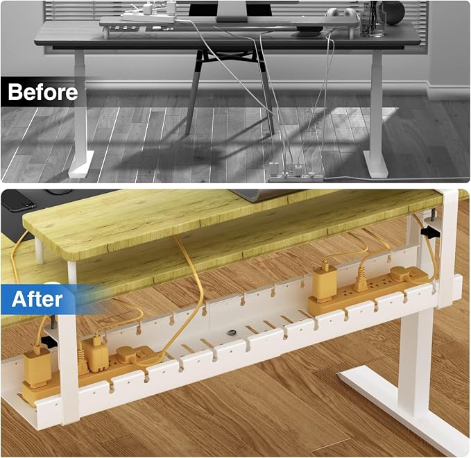 No Drilling Extendable Under Desk Cable Management, Metal Cable Management Tray Under Desk with Clamp, Retractable Power Strip Cord Holder for Wire Management 31Inch (1 Pack White)
