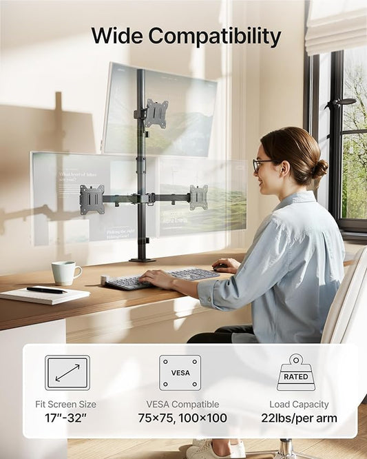 monTEK Triple Monitor Stand Mount, Fully Adjustable Desk Mount for 3 Screen up to 17”-32” and 22lbs Capacity Each Arm, Stable Monitor Arm with C Clamp and Grommet Base, VESA 75x75mm/100x100mm