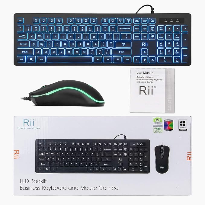 Rii Three Colors Backlit Keyboard and Mouse, Wired Keyboard and Mouse Combo, USB Keyboard and Mouse Set,Quiet Input Gaming Keyboard,Optical RGB Mouse for School,Office,Business and Gaming