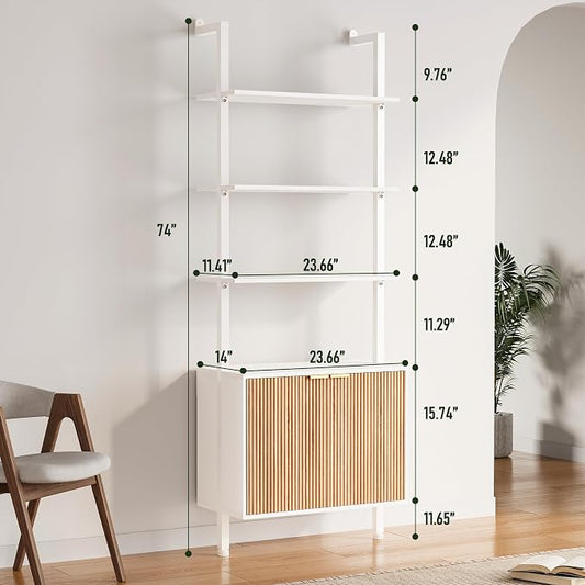 INNOD 74" Tall Bookshelf with Storage Cabinet, Modern Ladder Shelf with Wood and Metal Frame, Wall Mount Bookcase Open Display Shelf Furniture for Living Room, Bedroom, Home Office, White and Oak