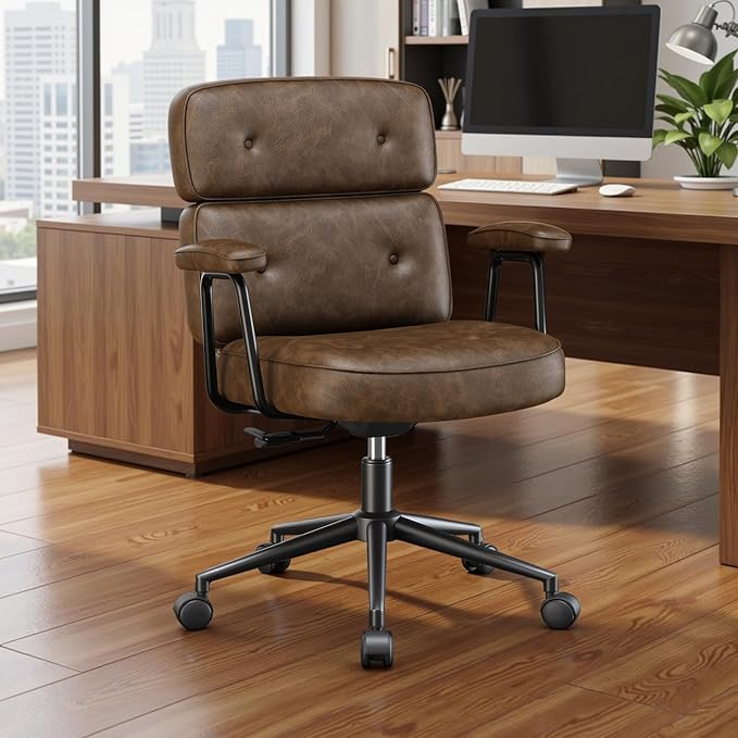 OLIXIS Ergonomic Home Office Desk Chair, PU Leather Computer Chair with Lumbar Support Adjustable Height Rolling Swivel Executive Task Armrests, Modern Brown