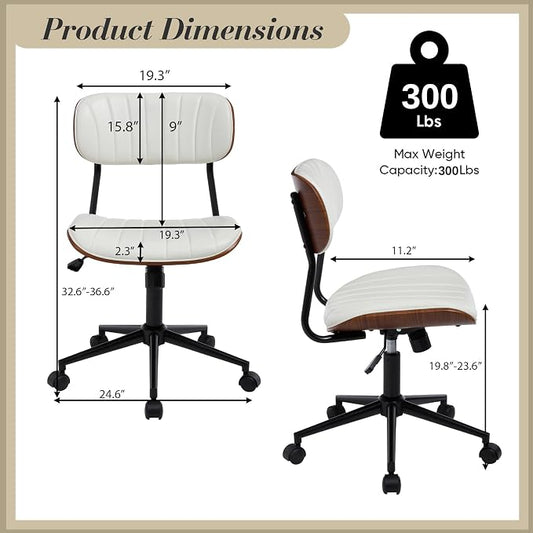 Modern Walnut Home Office Chair,Adjustable Height Desk Chair with Wheels,Armless Computer Chair for Office, Reading Meeting Room, White