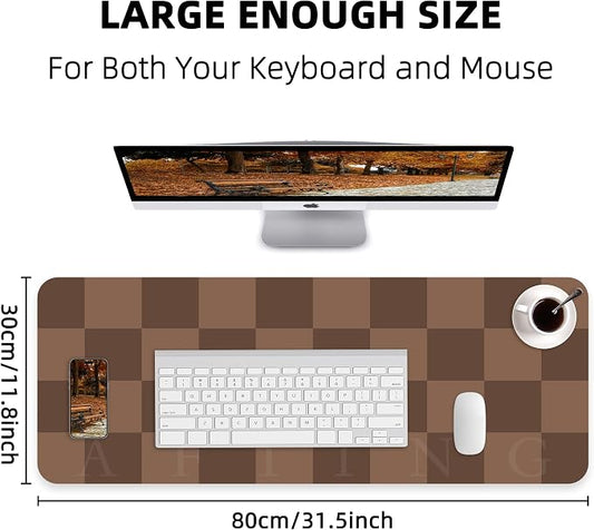 AFIING Brown Checkered Desk Pad 31.5" x 12" | Waterproof PU Leather, Non-Slip Rubber Base, Checkered Design, Office & Home