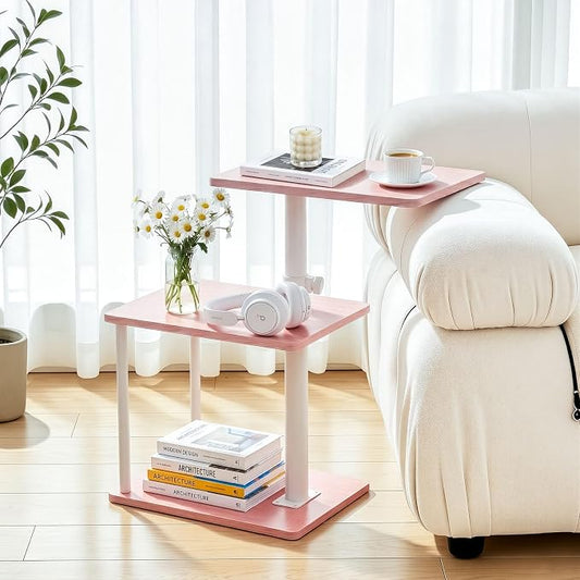 Faesun Swivel Side Table for Couch Arm, Adjustable C End Table for Recliner or Bed, Tv Trays with Storage Shelf for Small Spaces Small Nightstand Table for Living Room, Bedroom,Pink