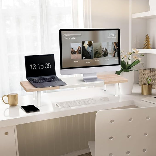 Across-Star Dual-Monitor-Stand-Riser-For-Desk Adjustable Length 32-40 Inch,Large Desktop Computer Monitor Riser For 2 Screens,Desk Shelf Organizer Riser Stand For Computer/Laptop/PC/Printer/TV Black