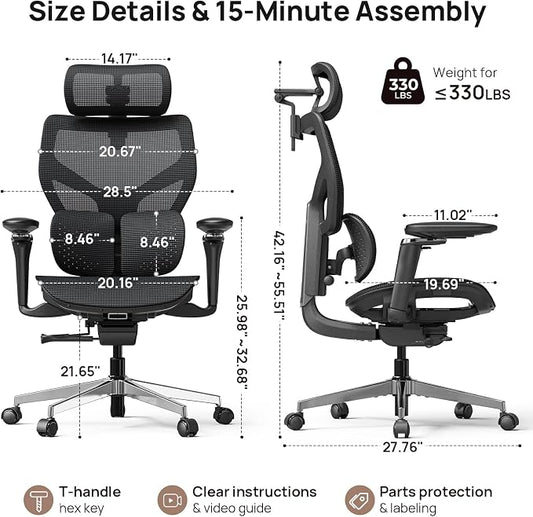 Ergonomic Office Chair with Adaptive Dual-Wing Lumbar Support - Over 10 Hours Sitting Comfortable Mesh Big and Tall Home Desk Chair, 4D Headrest, 630° Armrst, Seat Depth Adjustable