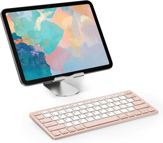 OMOTON Ultra-Slim Bluetooth Keyboard for iPad 11th/10th/9th/8th/7th, iPad Pro/Air/Mini and iPhone Series, Wireless iOS Keyboard with 12 Multimedia Keys for Office, Travel, School, Pink & Pearl White
