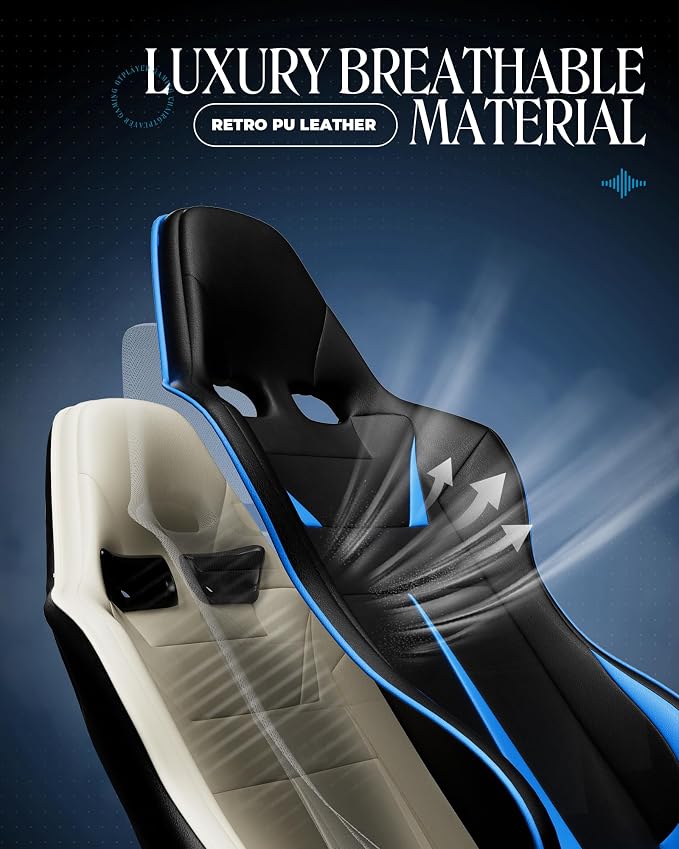 GTPLAYER Gaming Chair with Speakers, Video Game Chairs with Footrest, PC Gamer Chairs for Adults - Padded High Back Ergonomic Reclining Silla Gamer, Linkage Armrest, 909MF, Blue