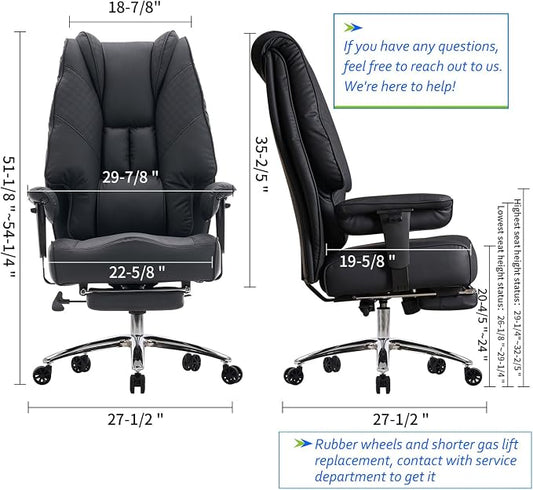EXCEBET Big and Tall Office Chair 400lbs Wide Seat, Leather High Back Executive Office Chair with Foot Rest, Ergonomic Chairs Lumbar Support for Lower Back Pain Relief (Black)