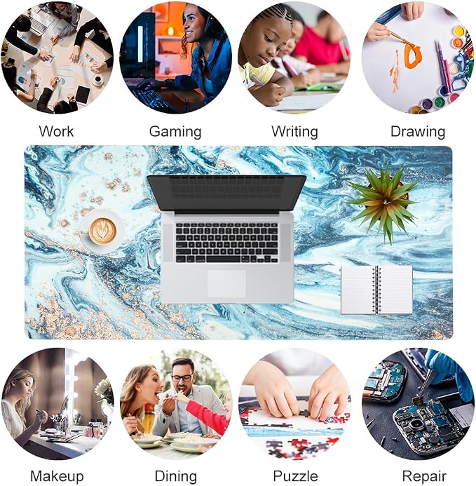 QIYI Large Desk Pad, Keyboard Mouse Pad Desktop Decor, Waterproof PU Leather Desk Cover Protector, Desk Accessories for Office Home Work Writing Gaming 31.5" x 15.7" - Blue Marble
