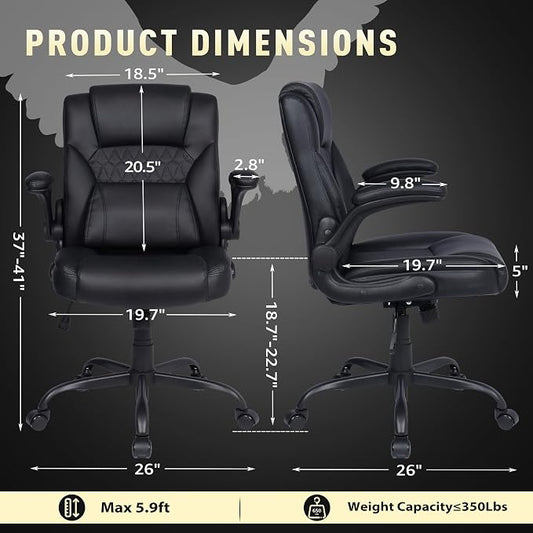 Home Office Chair with Lumbar Support, 5" Thickened Seat, Small PU Leather Rocking Desk Chair, Comfy Computer Chairs with Rolling Wheels & Adjustable Armrests for Adults, Black