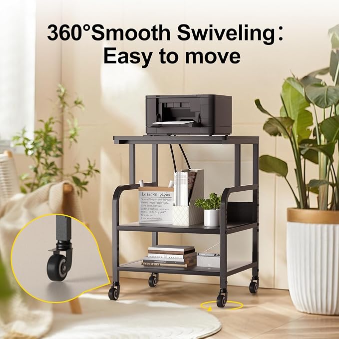 Large Printer Stand with 3-Tier Wood Storage Shelves - Multi-Purpose Desk Organizer for Printer Scanner Fax Home Office Use with Wheels (Jet Black)