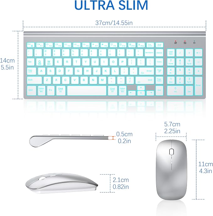 Wireless Backlit Keyboard and Mouse Ultra Slim Combo, TopMate 2.4G Silent Compact 2400DPI Mouse and Scissor Switch Keyboard Set, Batteries Included, for PC/Laptop/Windows/Mac/Gaming - BL Silver White