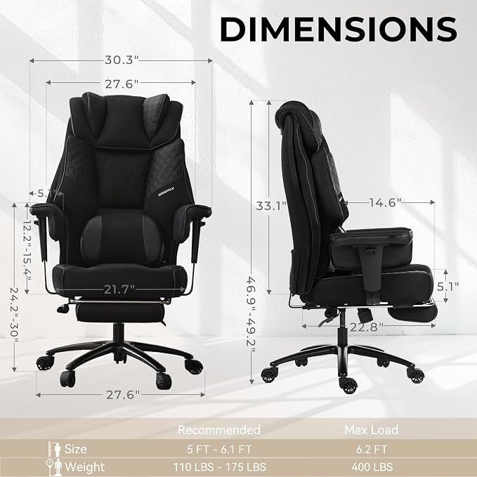 Dowinx Big and Tall Office Chair 400 Lbs with Rotating Massage Lumbar Support, Wide Thick Seat Cushion and Adjustable Armrest,Mesh Computer Gaming Chairs with Footrest,Black