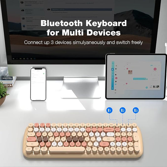MOFII Wireless Bluetooth Keyboard for Mac, iPad, iPhone, PC, Laptop & Android, Connect up to 3 Devices Simultaneously, Portable 100-Key Typewriter Retro Round Keycaps Keyboard- Milk Tea Colorful