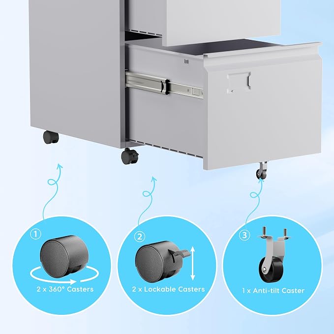 2 Drawer File Cabinet with Lock, Under Desk Metal Rolling Filing Cabinet for Letter/Legal Size Folder, Mobile File Cabinet with 5 Wheels (Anti-Tilt) for Home Office, Assembly Required, White