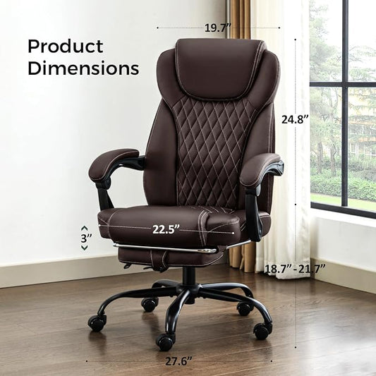 amseatec Big and Tall Office Chair with Footrest, Ergonomic Leather High Back Computer Chair Infinite Lock Reclining 90°-135°,20 Spring Packs,300lbs Executive Desk Chair for Home Office(Brown)