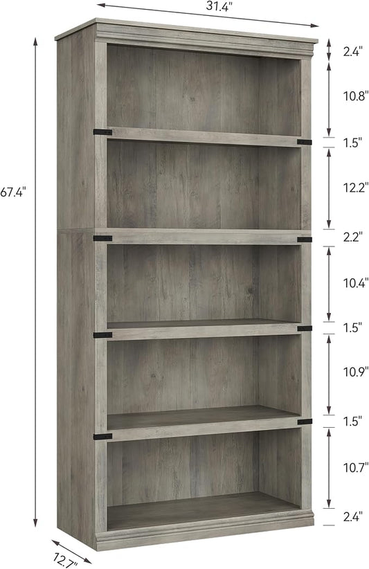GarveeHome 5 Tier Farmhouse Bookcase, 67.4" Tall Book Shelf with Storage, Wooden Bookshelves 5 Shelf Display Shelves for Home Office(67.4" H x 31.5" W x 12.8" D) (Grey, 67.4" H x 31.5" W x 12.8" D)