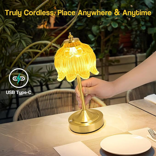 Cordless Lotus Flower Table Lamp, 5200mAh Rechargeable Battery Operated Portable Lamp, 3-Color Dimmable Touch Control Small Desk Lamp for Bedroom, Office, Kitchen, Nightstand,Room Decor (Yellow)