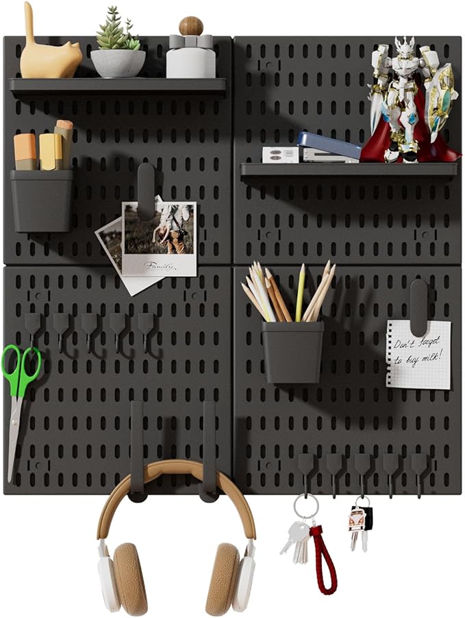 SHGJ&SOFT Peg Board Wall Organizer Panels, 22pcs - Includes 4 Black Pegboards & Accessories, Plastic Pegboard for Home,Office, Craft Room, Gaming Setup, 24″×24″, Wall Mount Display Pegboard Panel Kits