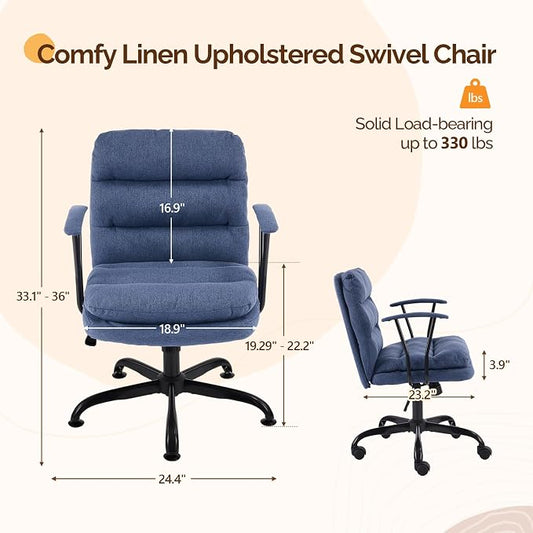 VINGLI Comfortable Office Desk Chairs with/No Wheels,Dual-Base,Removable Armrests,Adjustable Comfy Rolling Swivel Computer Nail Tech Chair for Office,Sewing,Makeup Vanity,Teen,Linen Fabric,Navy Blue