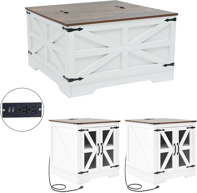 Farmhouse Coffee Table and End Table Set with Charging Station 3 Piece Set, White Living Room Tables with Hidden Storage, Rustic Wood Furniture for Home and Office, White