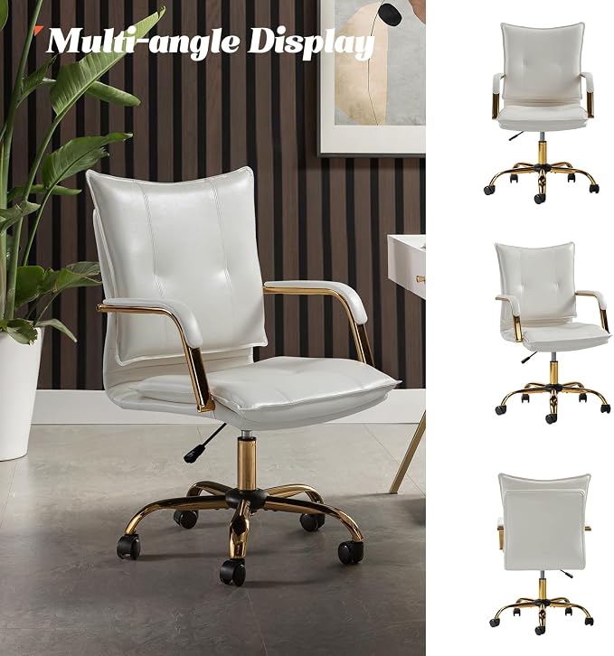 HULALA HOME Faux Leather Home Office Desk Chair, Adjustable Swivel Computer Chair with Golden Legs and Arms, Comfy Upholstered Task Chair, White