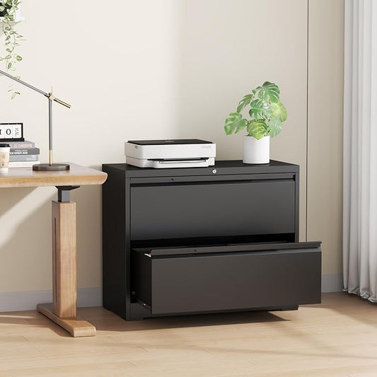 Lateral File Cabinet, 2 Drawer Metal File Cabinet with Lock, Lateral Filing Cabinet for Home Office, Office Organization Cabinet for Letter/Legal/F4/A4 Size,Black