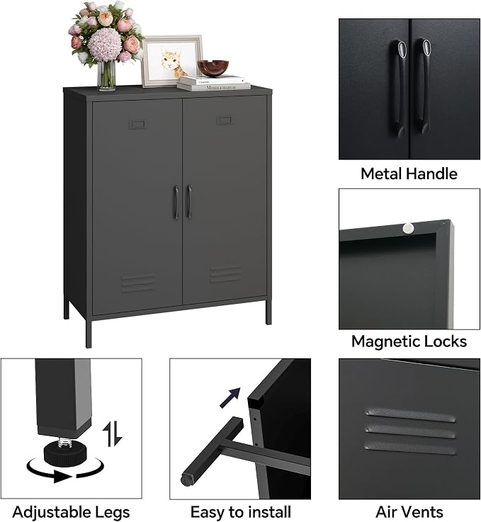 Steehoom Metal Cabinet with 2 Door, All Steel Small Locker Sideboard Buffet Storage Cabinet Console Table for Garage, Office (Black, H35.43'')