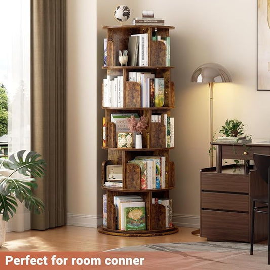 Besiost Rotating Bookshelf Tower, 5 Tier Spinning Bookcase, Revolving 360 Book Shelf Narrow Tall Bookcase, Vertical Turning Round Bookshelf Organizer, Corner Book Shelf for Small Space, Rustic Brown