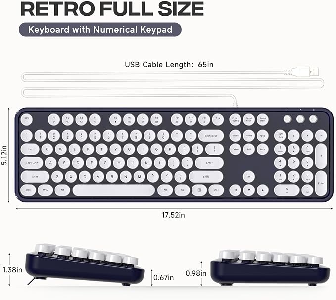 MOWUX Computer Keyboard Wired, Plug and Play USB Retro Round Typewriter Keyboard, Full Size Wired Keyboard with Foldable Stands for Laptop and Office PC- Dark Blue