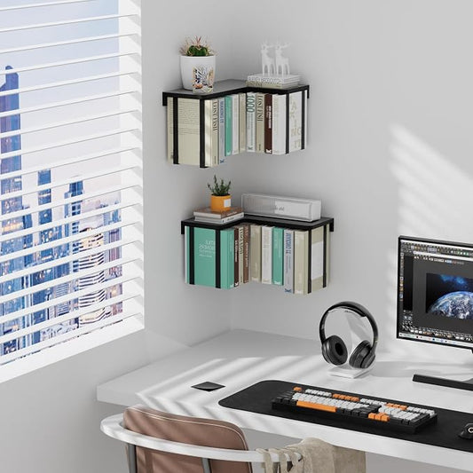 L-Shaped Corner Floating Shelves Set of 2, Floating Book Shelves for Wall | Pine Wood Wall Mount Floating Bookshelf with Hanging Strap Holds 9 Books, Hanging Hookshelf Display Shelf for Home Wall Decor