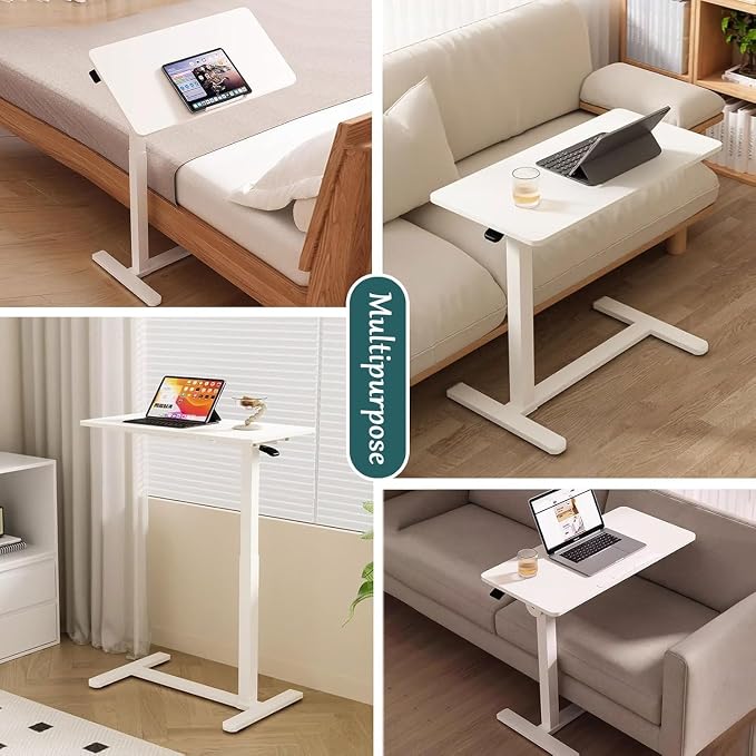 Mobile Standing Desk Adjustable Overbed Table, Pneumatic Height Adjustable Rolling Laptop Desk with Hidden Wheels, 0-180°Tilt Top Rolling Computer Cart Foldable for Home Office, Craft & Study, White