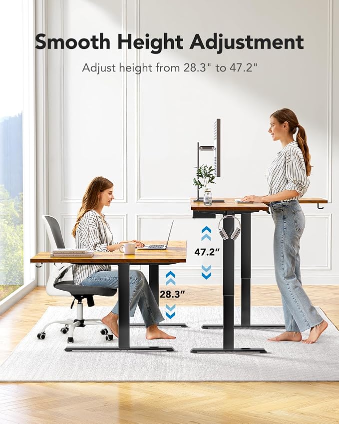 HUANUO Dual Motor 71x48 inch L Shaped Electric Standing Desk with 3 Preset Heights, Electric Height Adjustable Computer Table, 2 Hooks & Cable Tray, Raising Desk for Home Office, Vintage Brown