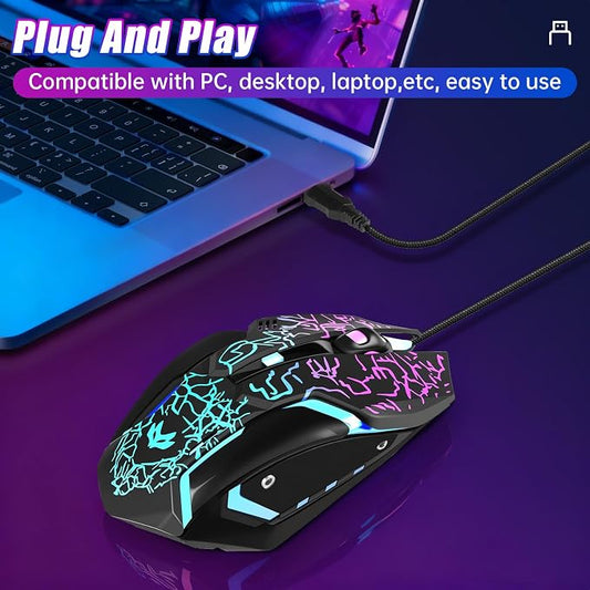 Gaming Mouse, 4 DPI Settings Up to 3600 DPI, Light Up RGB Ergonomic Optical Gaming Mice for Laptop/mac, Computer Wired USB Mouse, 7 Colors LED Backlight, 6 Buttons-Black