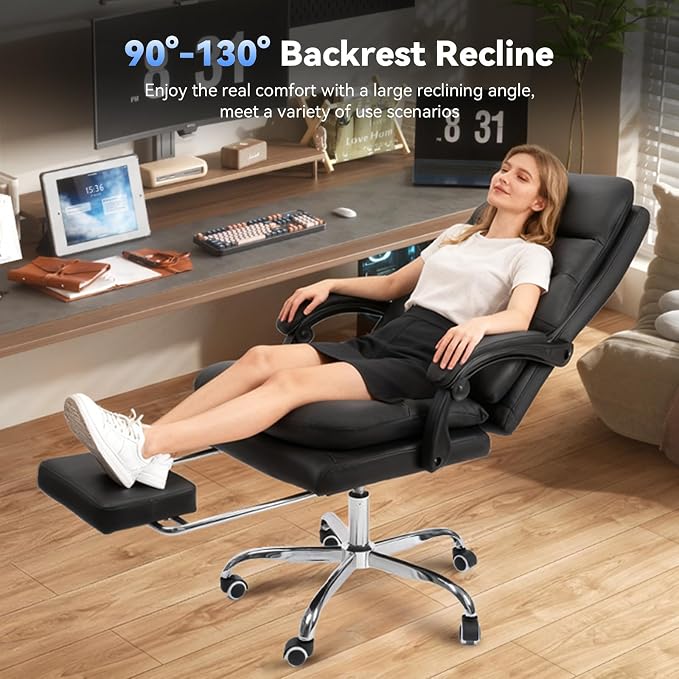 Holiwei Office Chair with Footrest, Big and Tall 400lbs Executive Desk Chair with Thickened Lumbar Support Pillow, High Back PU Leather Reclining Computer Chair, Ergonomic Swivel Task Chair, Black